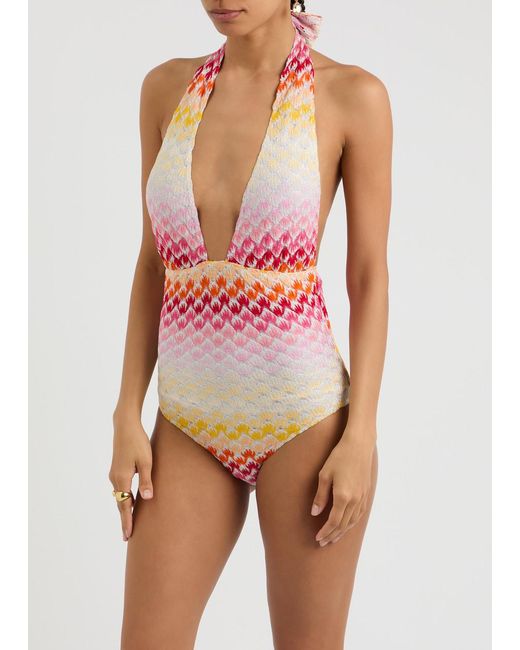 Missoni Pink Halterneck Metallic Fine-Knit Swimsuit