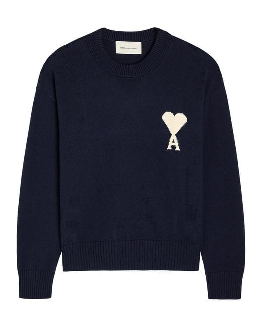 AMI Blue Logo-Intarsia Wool And Cotton-Blend Jumper for men