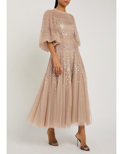 Needle & Thread Natural Sequin-Embellished Tulle Gown