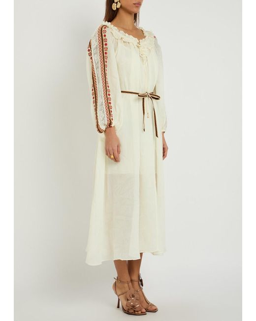 Zimmermann Natural Aster Embroidered Belted Ramie Maxi Dress