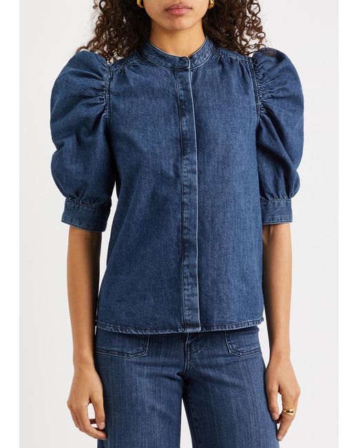 FRAME Blue Gillian Puff-sleeve Denim Blouse