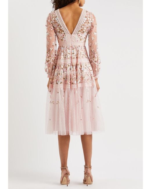 Needle & Thread Pink Garland Floral-embroidered Tulle Midi Dress