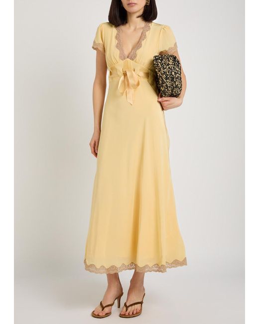 Rixo Metallic Marlice Lace-Trim Silk Midi Dress