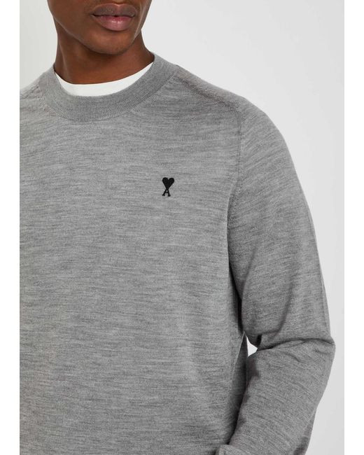AMI Gray Logo-Embroidered Wool Jumper for men