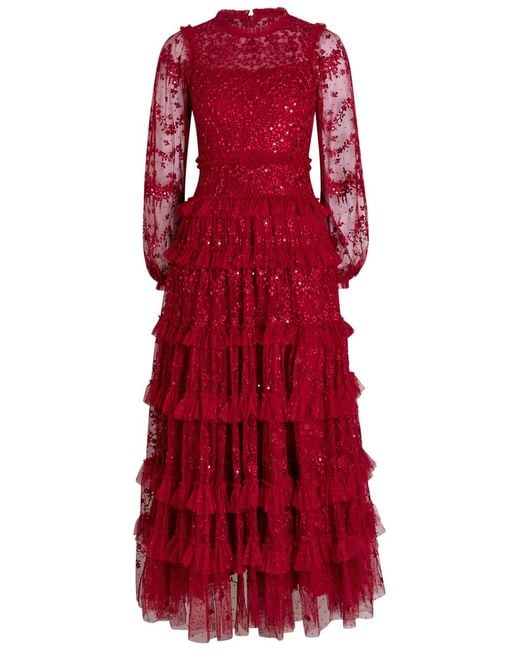 Needle & Thread Red Blossom Lace Floral Sequin-Embellished Tulle Gown
