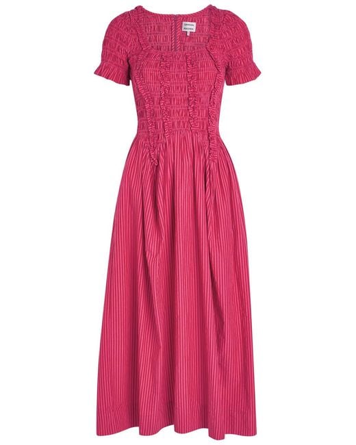 Damson Madder Pink Raphaela Striped Cotton Midi Dress