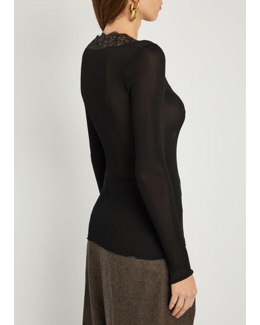 Saint Laurent Black Lace-Trim Ribbed Silk Cardigan