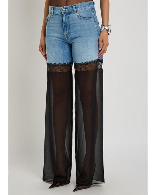 Nensi Dojaka Blue Panelled Lace-Trim Wide-Leg Jeans