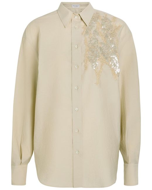 Brunello Cucinelli White Embellished Crinkled Cotton-Blend Shirt