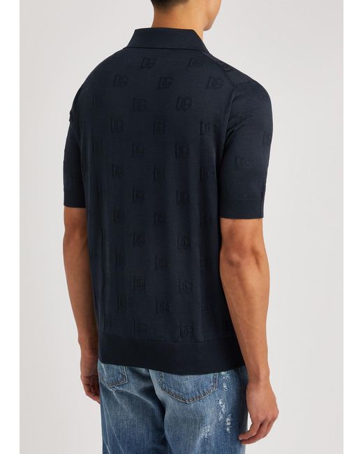 Dolce & Gabbana Blue Logo-jacquard Knitted Silk Polo Shirt for men