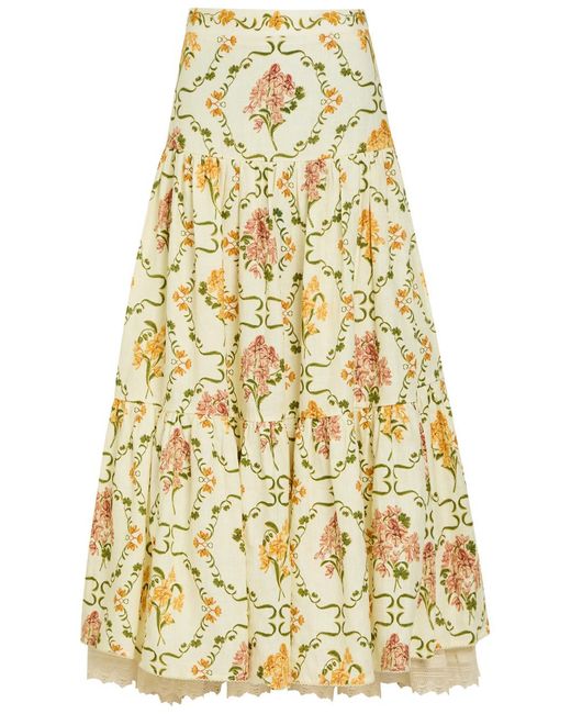 Agua Bendita Metallic Anis Floral-Print Linen Maxi Skirt