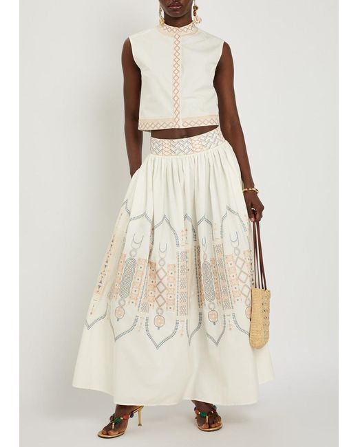 Emporio Sirenuse Natural Ombretta Embroidered Cotton-Blend Midi Skirt