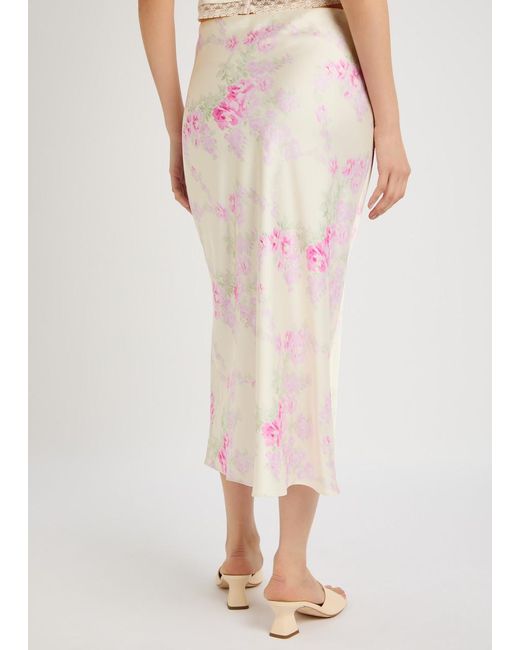 LoveShackFancy Pink Castle Floral-Print Satin Midi Skirt