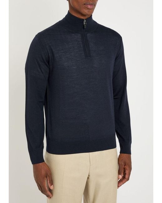 Canali Blue Half-Zip Wool-Blend Jumper for men