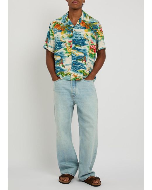 CHERRY LA Blue Hawaiian Vacation Printed Rayon Poplin Shirt for men