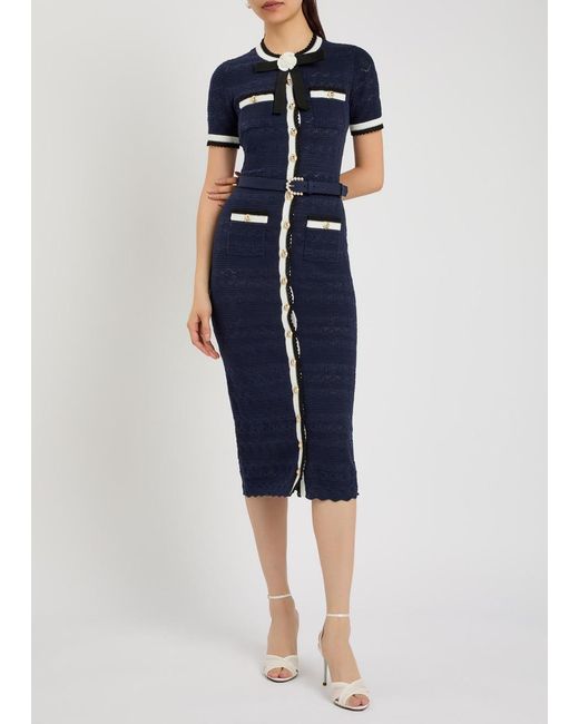 Self-Portrait Blue Pointelle-Knit Midi Dress