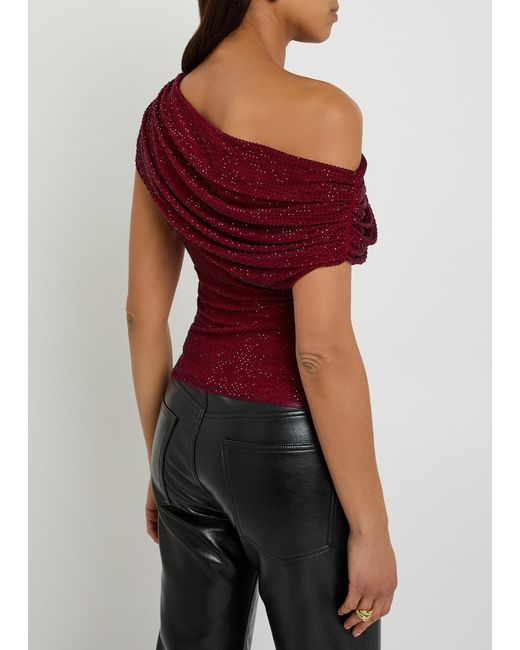 Self-Portrait Red Rhinestone-Embellished Draped Stretch-Mesh Top