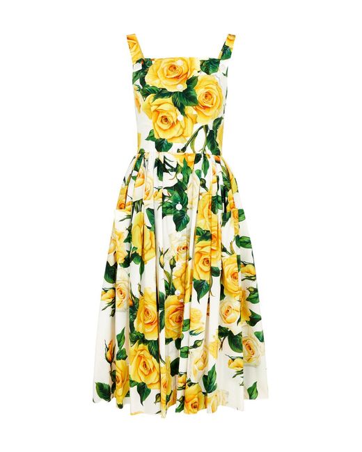 Dolce & Gabbana Yellow Floral-Print Cotton Midi Dress