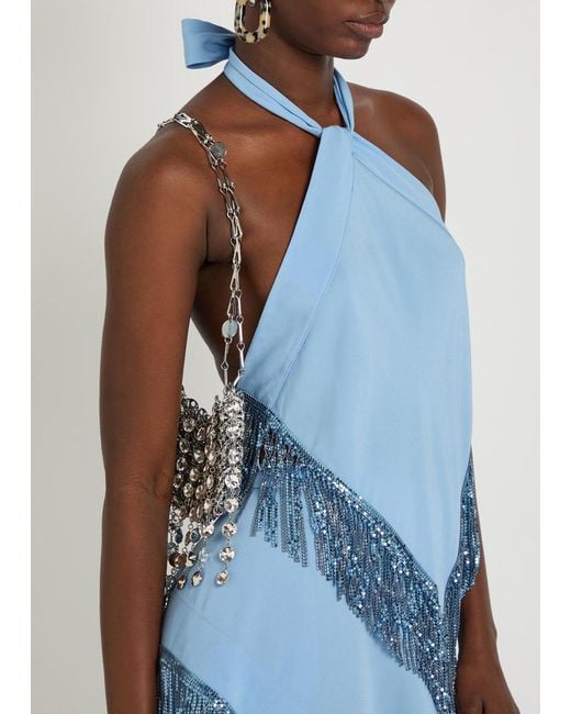 Rabanne Blue Fringed Chains Asymmetric Woven Top