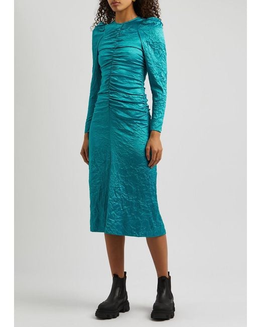 Ganni Blue Crinkled Ruched Satin Midi Dress