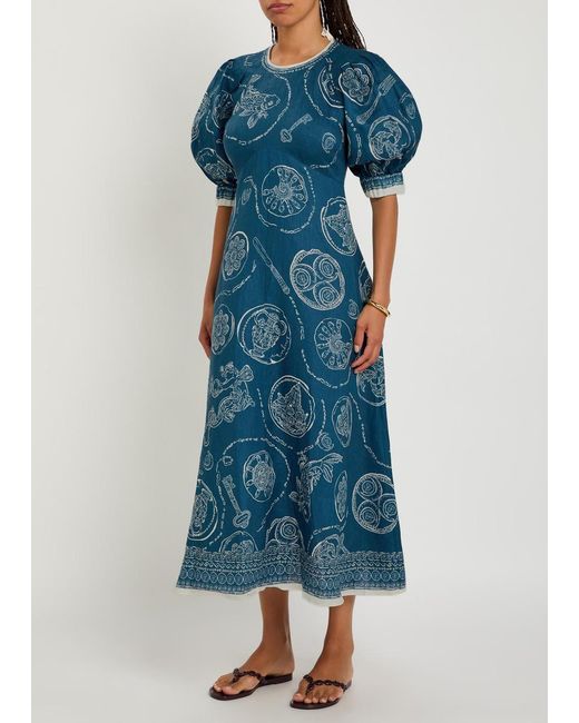 ALÉMAIS Blue Lucky Printed Linen Midi Dress