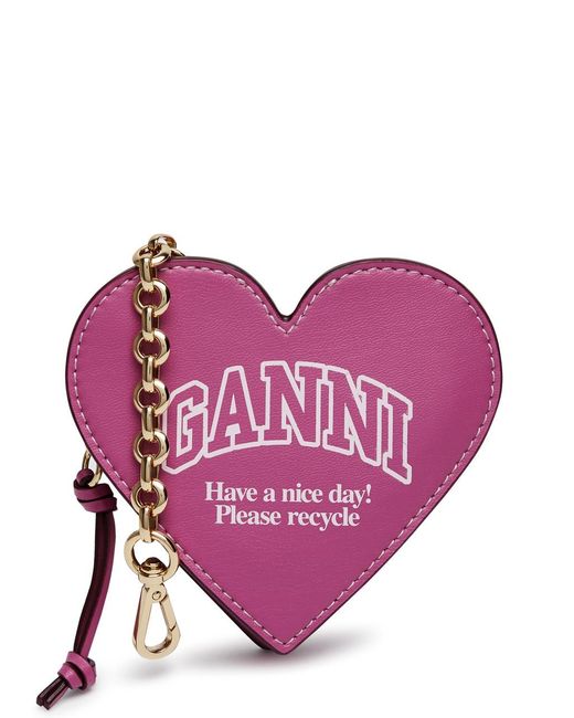 Ganni Pink Heart Logo-print Leather Coin Purse