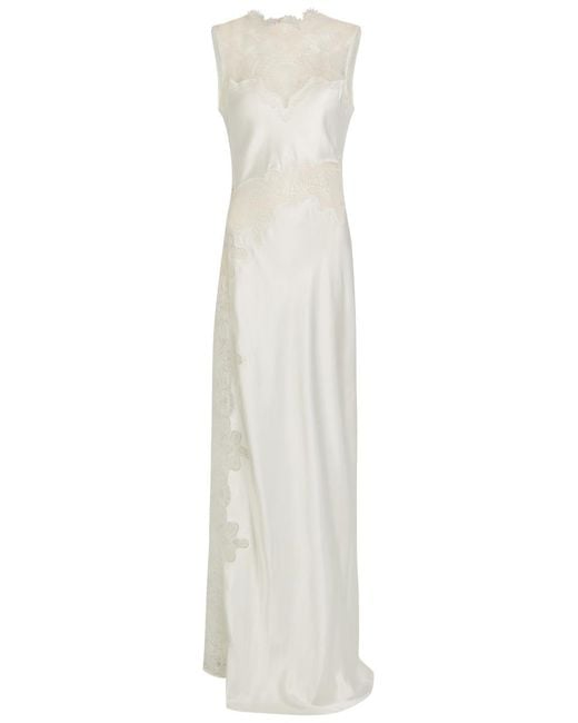 Shona Joy White Stratus High-Neck Lace Satin Maxi Dress
