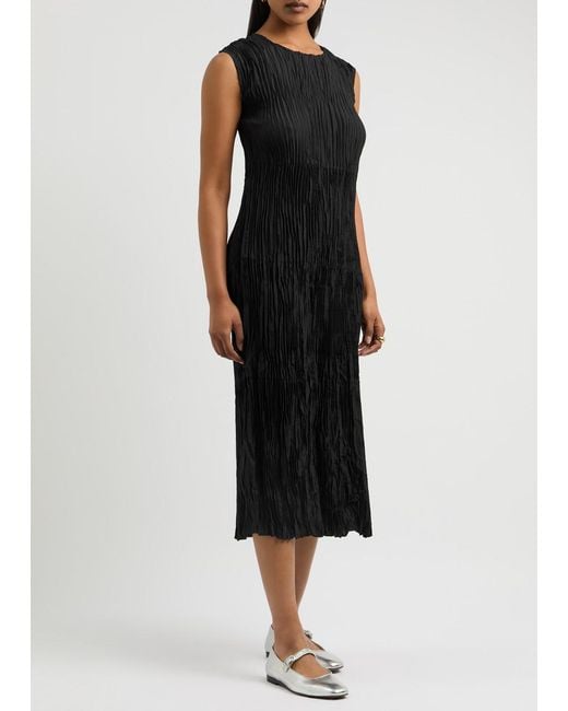 Eileen Fisher Black Jewel Plissé Silk Midi Dress