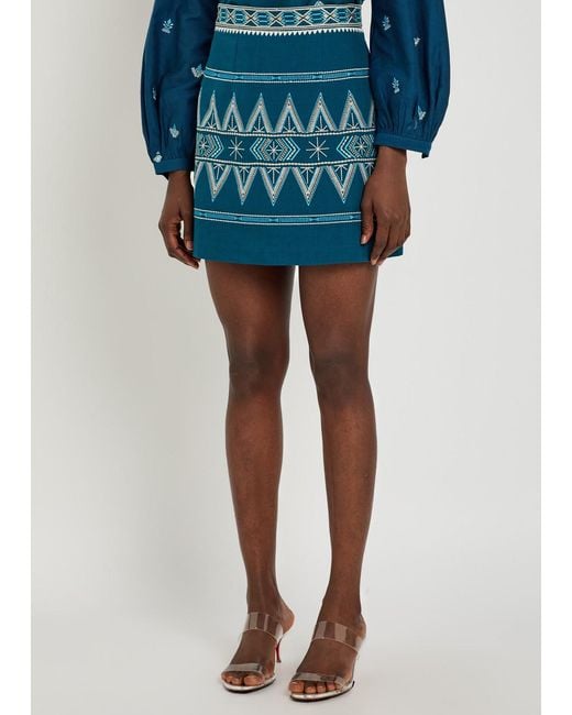 Emporio Sirenuse Blue Giuliana Embroidered Linen-Blend Mini Skirt