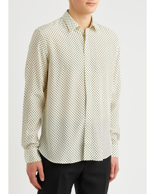 Saint Laurent White Polka-dot Printed Silk Shirt for men