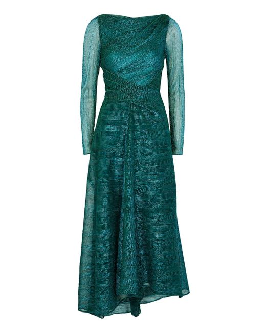 Talbot Runhof Green Metallic Draped Midi Dress