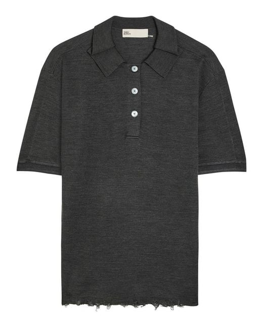 Tory Burch Black Distressed Silk-Blend Polo Top