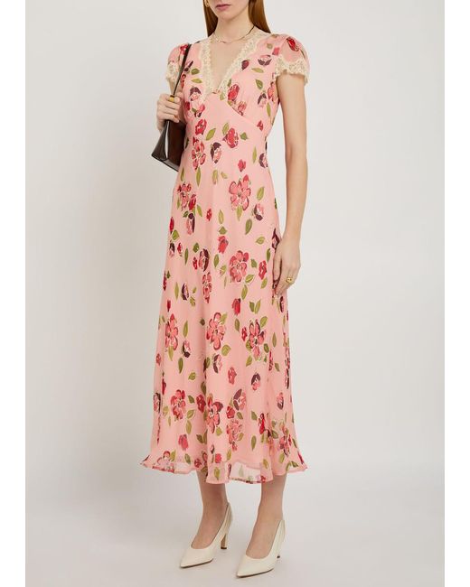 Rixo Pink Clarice Floral-Print Georgette Midi Dress