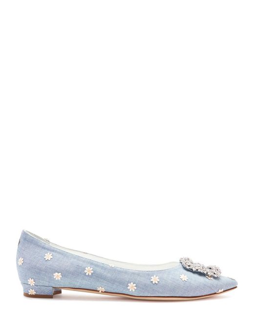 Manolo Blahnik White Hagisi 10 Embellished Canvas Ballet Flats