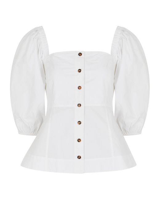 Ganni White Puff-sleeve Cotton Blouse - Lyst