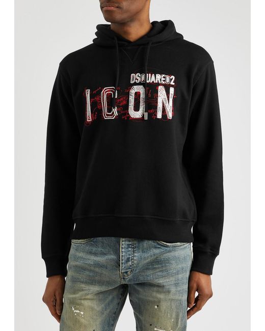DSquared² Black Icon Scribble Printed Hooded Cotton Sweatshirt for men