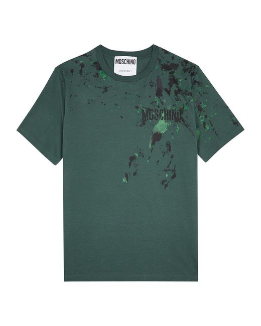 Moschino Green Paint-splatter Logo-print Cotton T-shirt for men
