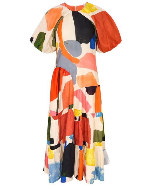 LOVEBIRDS Orange Printed Linen-Blend Maxi Dress