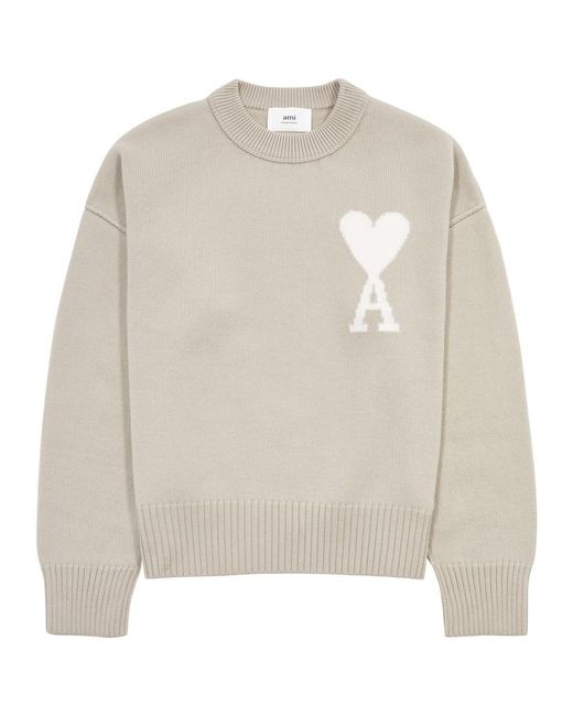 AMI White Logo-Intarsia Wool Jumper for men