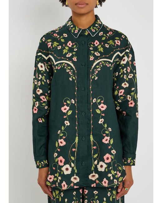 Agua Bendita Green Tota Mosquetero Floral-Print Linen Shirt