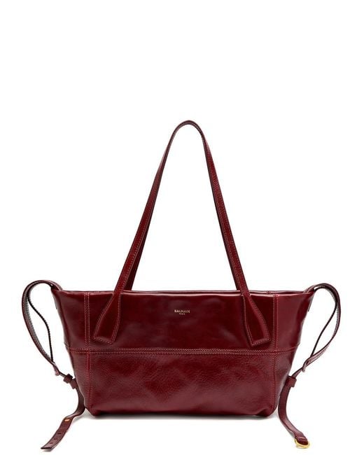 Balmain Red Track Zip Small Glossed Leather Tote Bag