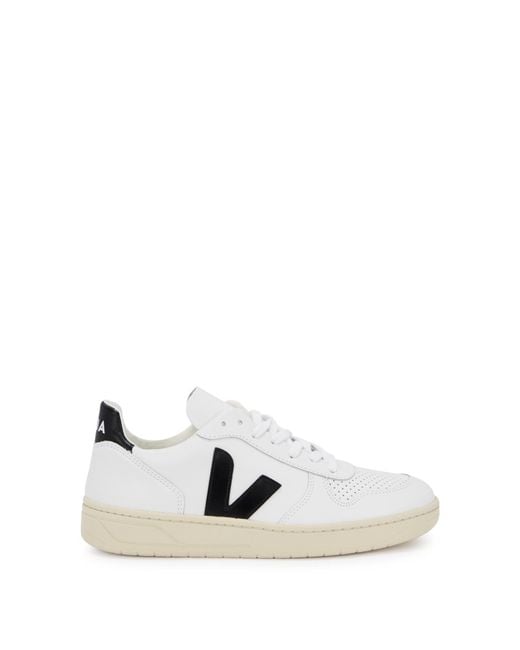 Veja White V-10 Leather Sneakers, Sneakers, Leather, And