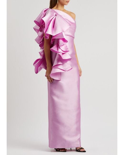 Solace London Pink Barney Ruffled Satin Maxi Dress