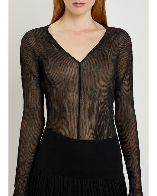 Issey Miyake Black Twist V-Neck Semi-Sheer Chiffon Top