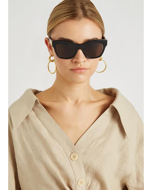 Balenciaga Black Cat-Eye Sunglasses, Designer-Engraved Charcoal Lenses, -Tone B Designer Plaque