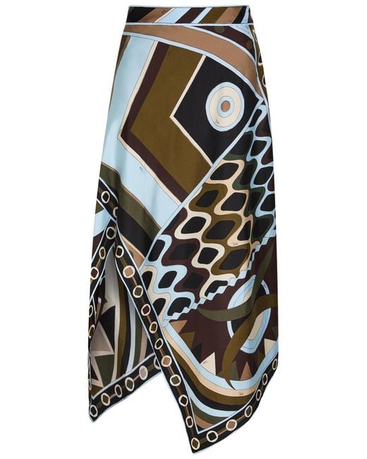 Emilio Pucci White Asymmetric Printed Silk Midi Skirt