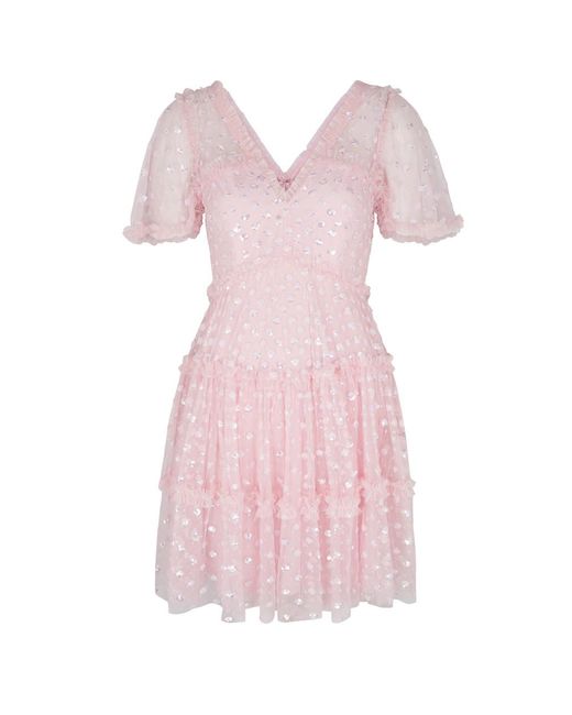 Needle & Thread Pink Thea Embellished Ruffled Tulle Mini Dress