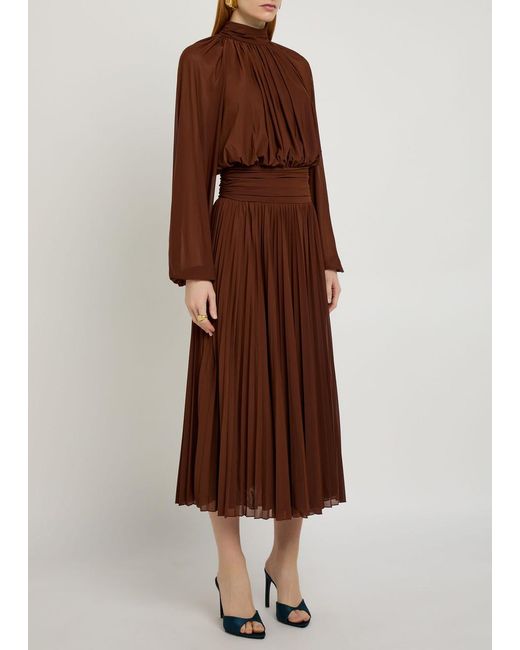 Ronny Kobo Brown Blythe Gathered Stretch-Mesh Midi Dress