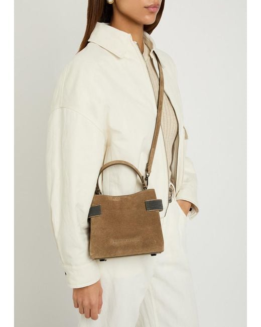 Brunello Cucinelli Brown Mini Bead-Embellished Suede Top Handle Bag