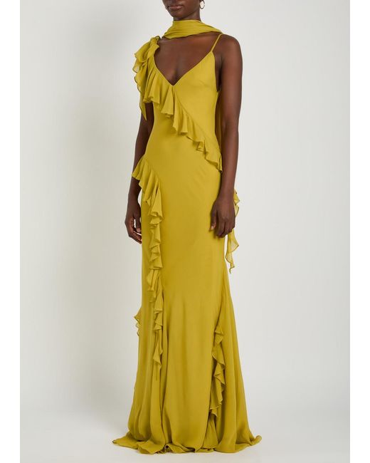 De La Vali Yellow Mayara Scar-Effect Ruffled Chiffon Gown